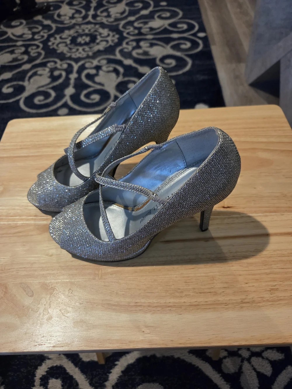 Adrianna Papell Silver Sparkle Cross-Strap Peep-Toe Heels
